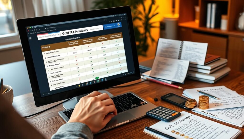 Person researching gold IRA providers on computer with comparison charts showing transfer existing gold IRA to new provider steps