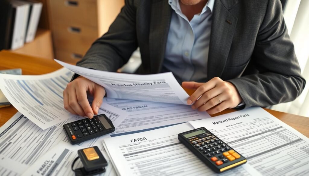 Person reviewing complex IRS forms related to tax advantages disadvantages holding gold ira overseas