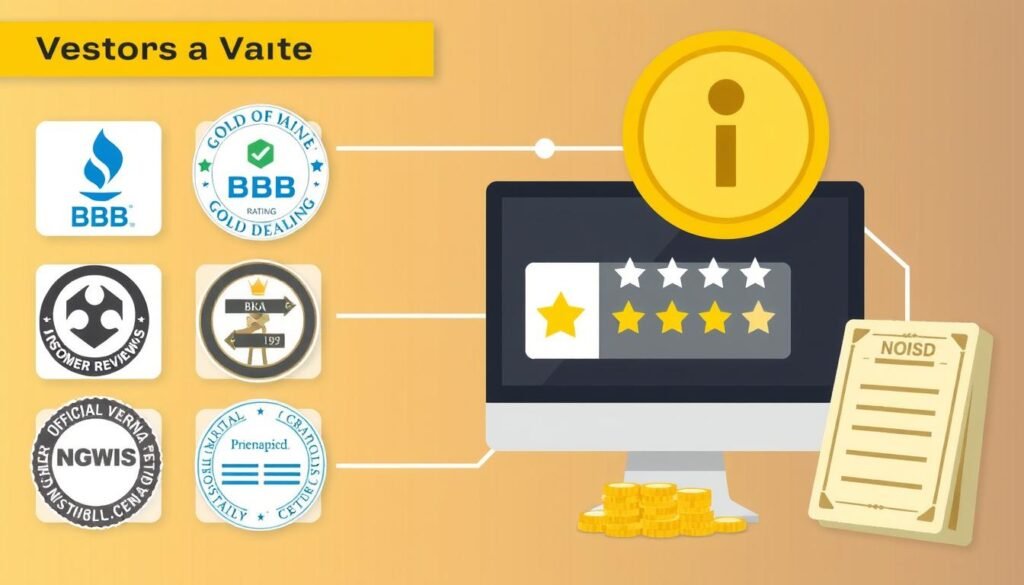 Process of verifying gold dealer credibility with certification logos and documentation