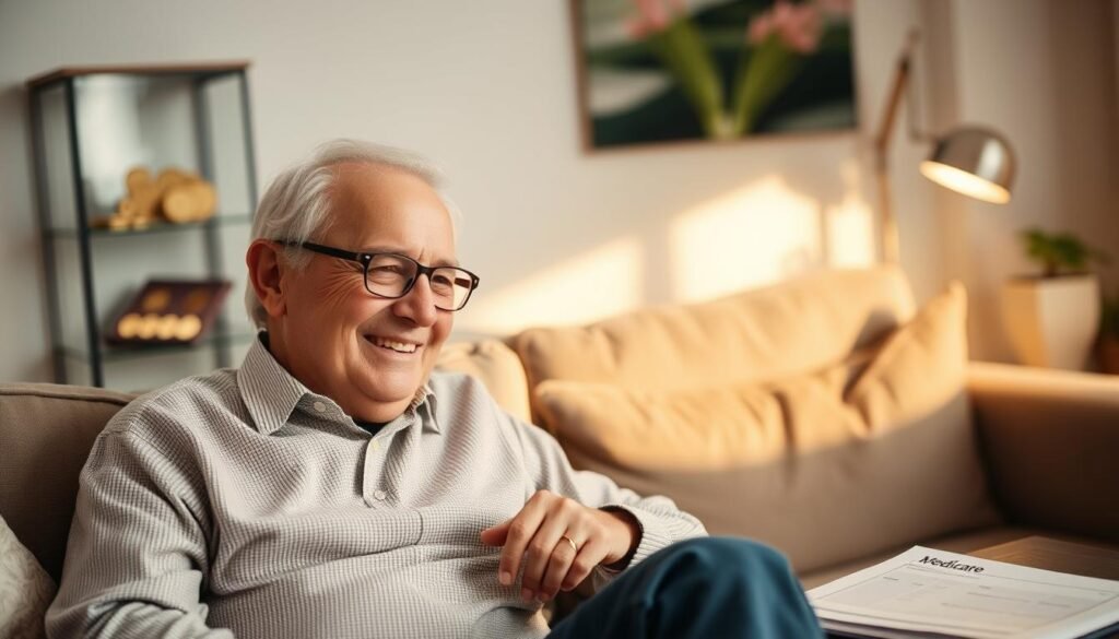 Retired couple enjoying financial security with gold investments and managed healthcare costs