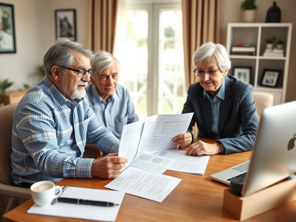 Retired couple reviewing their Gold IRA Exit Strategy documents with a financial advisor