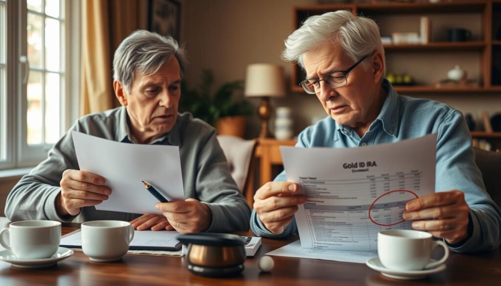 Retirement couple reviewing their Gold IRA statement with concerned expressions about fee impacts