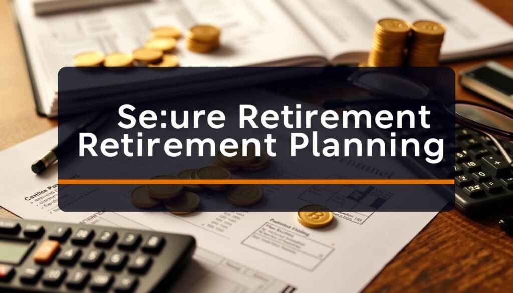 Secure retirement concept with gold coins and retirement planning documents