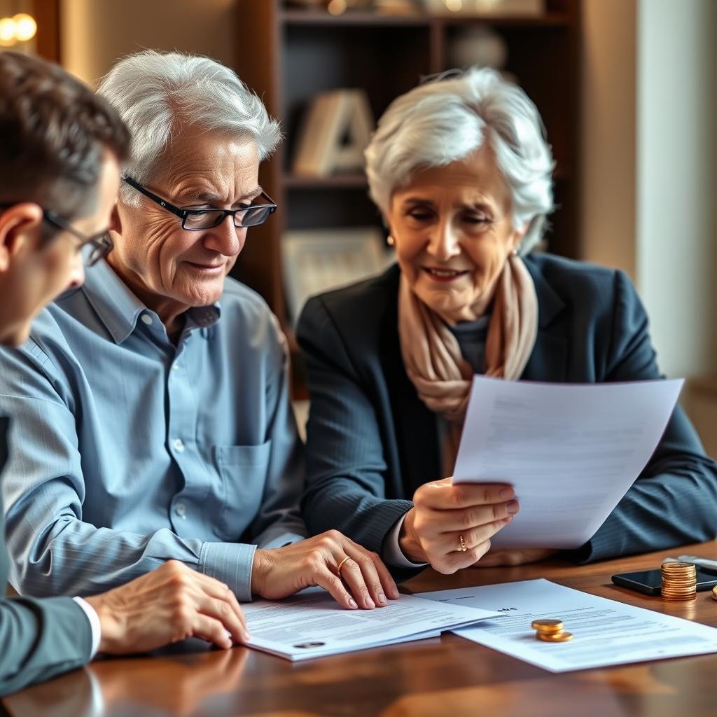 Senior couple reviewing Gold IRA legacy planning documents with an advisor