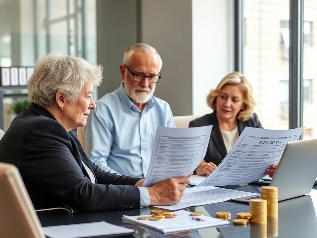 Senior couple reviewing Gold IRA tax documents with a financial advisor