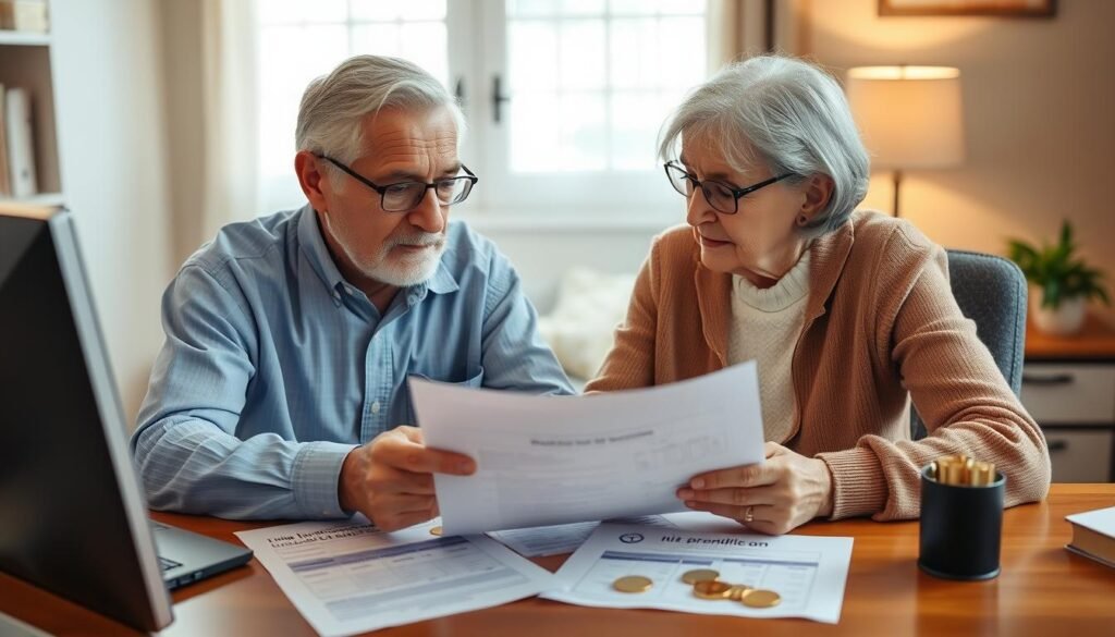 Senior couple reviewing gold IRA investment documents and Medicare premium statements