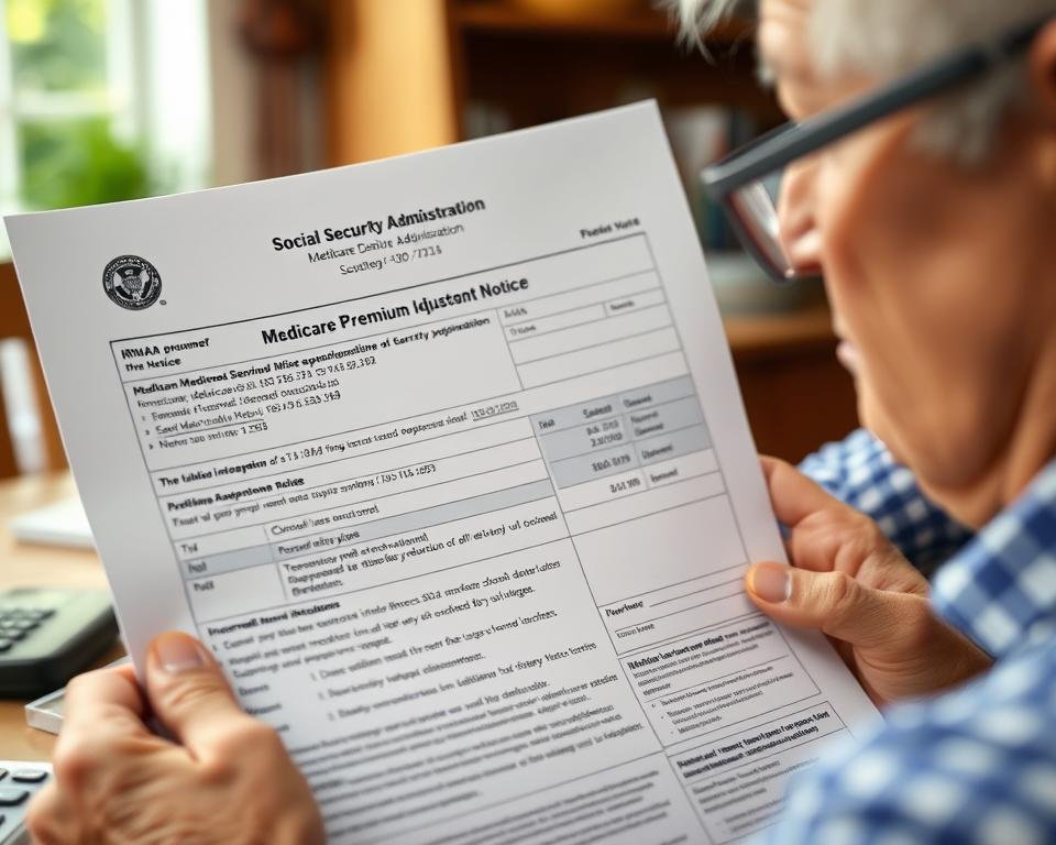 Senior reviewing Medicare premium adjustment notice showing IRMAA calculation