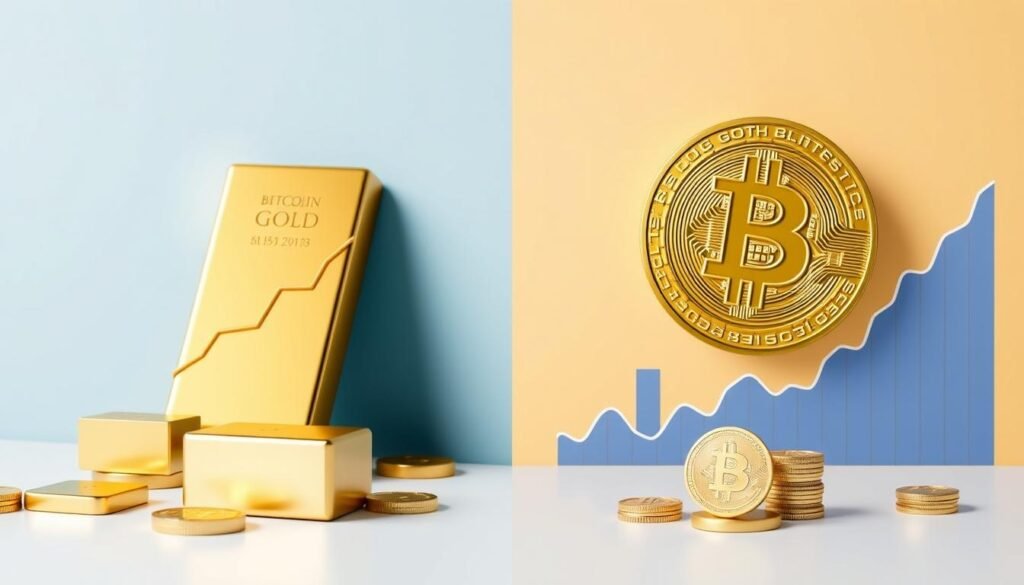 Side-by-side comparison of gold ira vs crypto diversification pros cons showing investment performance charts