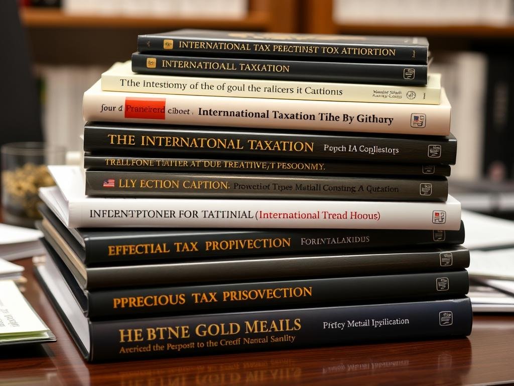 Stack of reference materials about international taxation and gold IRAs showing tax advantages disadvantages holding gold ira overseas