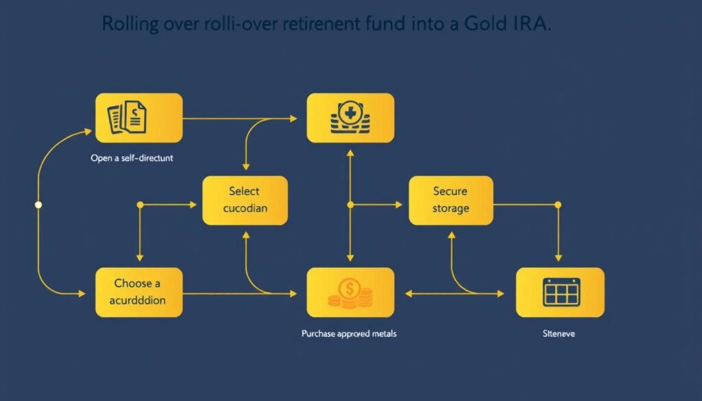 Step-by-step flowchart showing the process of rolling over retirement funds into a Gold IRA