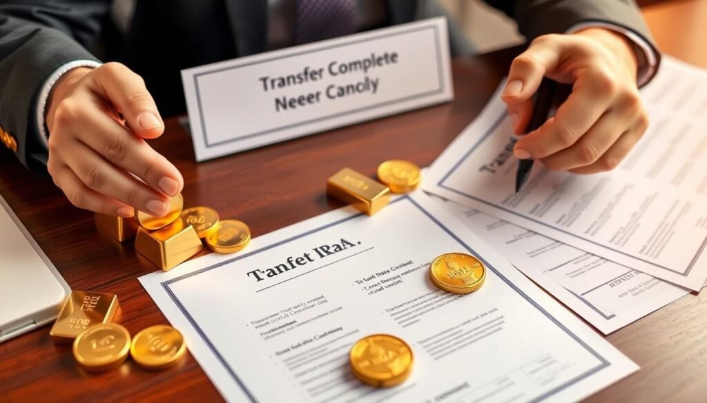 Successful completion of gold IRA transfer with documents and precious metals showing transfer existing gold IRA to new provider steps