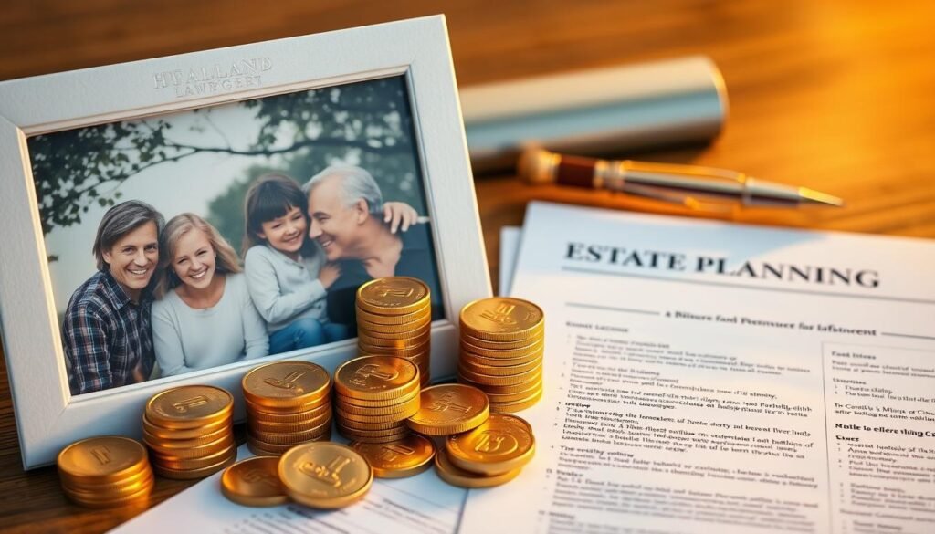 Sunset view of gold coins arranged next to family photo and estate planning documents