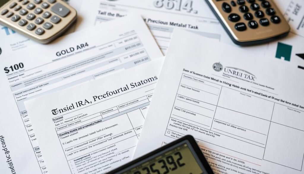 Tax documents and Gold IRA statements showing rebalancing implications