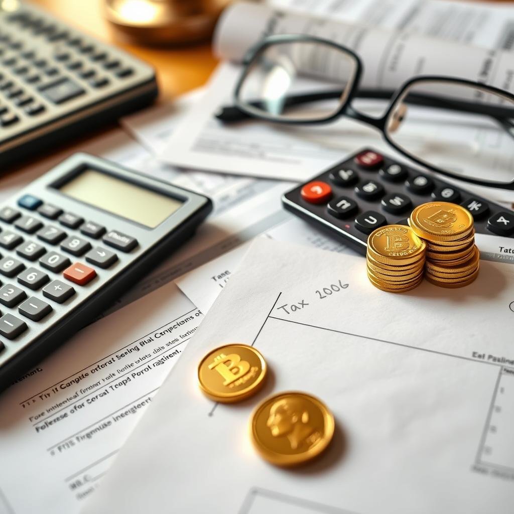Tax documents and gold coins representing tax implications of Gold IRA investments