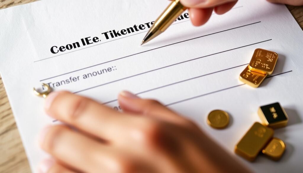 Transfer request form being completed with gold coins showing transfer existing gold IRA to new provider steps