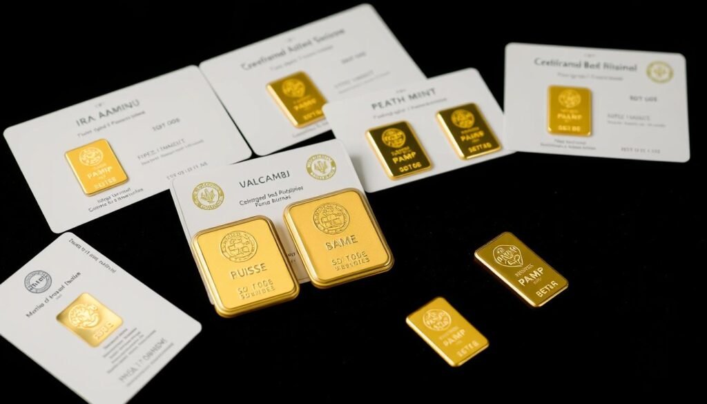 Various IRA-eligible gold bars from approved refiners with assay cards