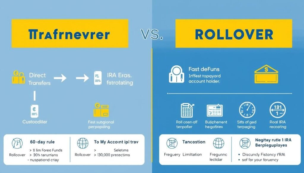 Visual comparison chart showing the difference between gold IRA transfer and rollover methods with transfer existing gold IRA to new provider steps