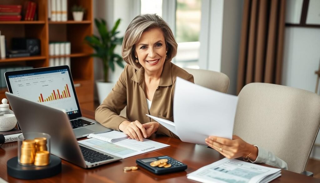 Woman confidently planning her retirement with Gold IRA documents