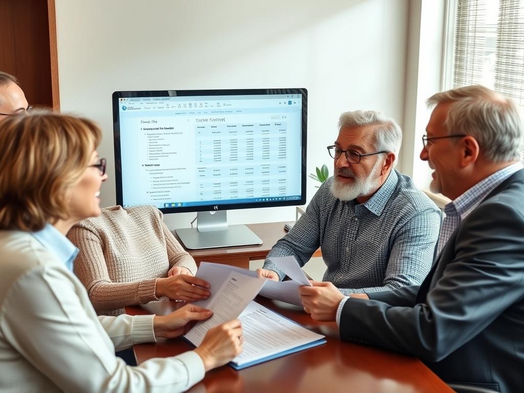 Retired couple meeting with financial advisor discussing Gold IRA and Social Security strategy