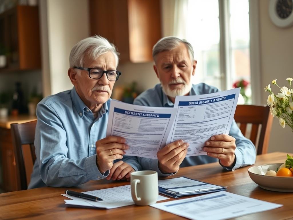 Senior couple reviewing Social Security benefit statements and retirement planning documents