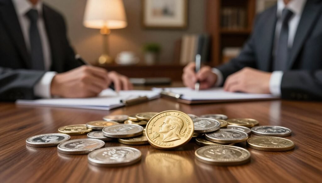 A close-up composition of various precious metals, including gold, silver, and platinum coins and bars, displayed on a polished wooden table. In the foreground, focus on a gold coin with intricate detailing, reflecting light beautifully. Surrounding the coin are glimmers of silver and platinum, creating a dynamic interplay of textures and colors. In the middle ground, subtly blurred, there are professional business people in smart attire discussing financial documents, emphasizing the serious nature of investments in precious metals. The background features a soft-focused, elegant office setting with rich, warm lighting emanating from overhead lamps, creating an atmosphere of trust and professionalism. The overall mood suggests a critical analysis of investment costs, subtly framed in an inviting and sophisticated environment.