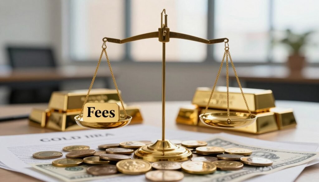 A close-up view of a golden scale balanced against piles of coins and paper money, symbolizing financial fees associated with Gold IRAs. In the foreground, the scale displays the words "Fees" in elegant typography, representing the complexity of fees in investing. The middle ground features neatly stacked gold bars and documentation, such as contracts or financial statements, depicted with fine details that hint at professionalism and trust. In the background, a soft-focus image of a corporate office setting with large windows letting in warm natural light, creating a calm and trustworthy atmosphere. The image is illuminated with soft, diffused lighting, highlighting the golden hues and creating an inviting and secure mood.