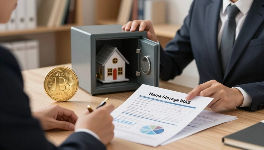 A detailed illustration that represents tax rules related to retirement accounts, focusing on the theme of "Home Storage" IRAs. In the foreground, a professional-looking tax advisor, dressed in a smart business suit, is analyzing a pile of tax documents, featuring charts and graphs about retirement savings. The middle ground shows a golden IRA coin and a small, secure home safe partially open, symbolizing the concept of storing gold at home. In the background, soft lighting creates a warm, analytical atmosphere, with bookshelves filled with financial literature softly blurred. The composition should evoke a sense of financial security and professionalism, with a subtle focus on compliance and regulation. Use a wide-angle lens perspective for depth.