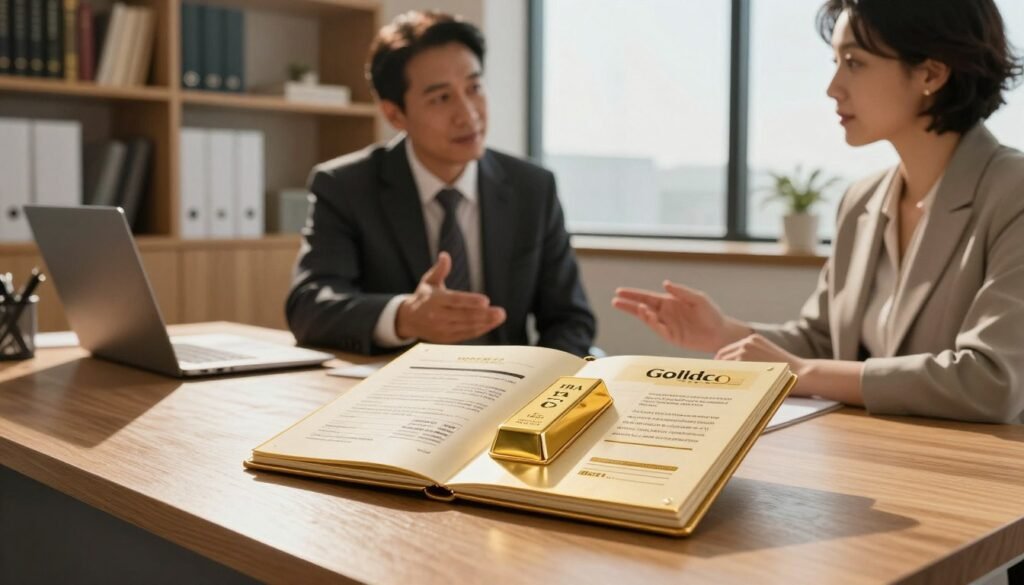 A professional, modern office setting featuring a gleaming gold IRA portfolio on a sleek wooden desk. In the foreground, the portfolio is open, showcasing a gold bar and documents related to investment. In the middle, a confident financial advisor in business attire is discussing the portfolio with a client, both engaged in a serious conversation. The background includes bookshelves filled with finance-related books and a large window letting in warm, natural light that casts soft shadows. The scene is warm and inviting, conveying trust and professionalism, with a slight lens focus on the portfolio to highlight the gold elements, suggesting a strong emphasis on the Goldco brand.