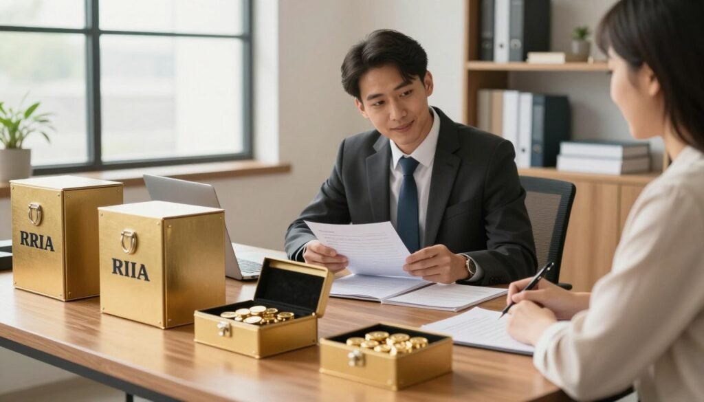 A professional office setting showcasing a gold IRA custodian and depository options. In the foreground, a polished wooden table displays various secure depository boxes, some open to reveal gold coins and bars inside. In the middle, a professional businessperson in formal attire is reviewing documents and discussing options with a client, conveying trust and expertise. Bright, natural lighting from large windows illuminates the space, creating a warm and welcoming atmosphere. Shelves in the background hold various financial books and a plant, adding a touch of greenery. The overall mood is one of professionalism, security, and informed decision-making in the world of financial investments.