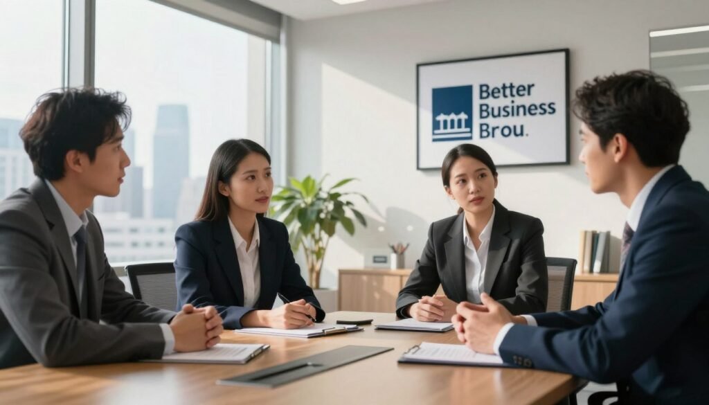 A sleek, modern office environment with a large conference table in the foreground. Around the table, a diverse group of three professionals dressed in smart business attire—two men and one woman—are engaged in a discussion about business ethics and company reputation, with a focus on financial integrity. In the background, a large window reveals a city skyline, casting natural light into the room, creating a warm and inviting atmosphere. On the wall, a prominent Better Business Bureau logo sits framed, symbolizing trust and verification in the financial industry. The angle should capture the intensity of their conversation while highlighting their confident expressions. Overall, the mood is serious yet optimistic, emphasizing the importance of reputation in business dealings.