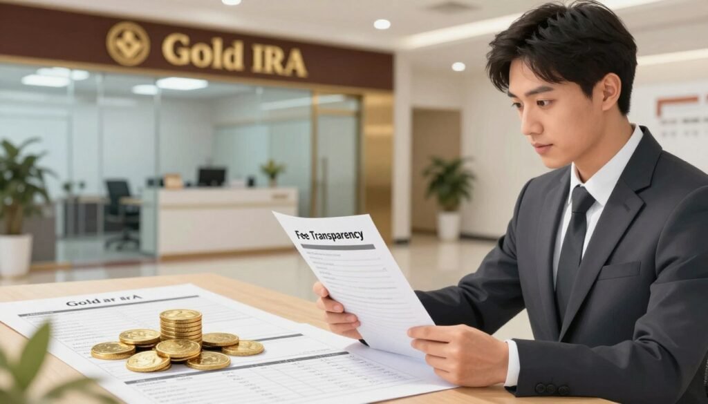 A visually engaging illustration depicting the theme of fee transparency in gold IRA investments. In the foreground, feature a professional businessperson, dressed in a neat suit, reviewing a document titled "Fee Transparency" with a focused expression, highlighting the importance of clarity in investment. The middle layer should include a table with gold coins and financial statements, symbolizing transparency and careful scrutiny. In the background, images of a reputable gold IRA company office with glass partitions and modern decor create a professional atmosphere. Soft, natural lighting illuminates the scene, enhancing the mood of trust and professionalism. The overall tone conveys a sense of diligence and prudence in financial decision-making.