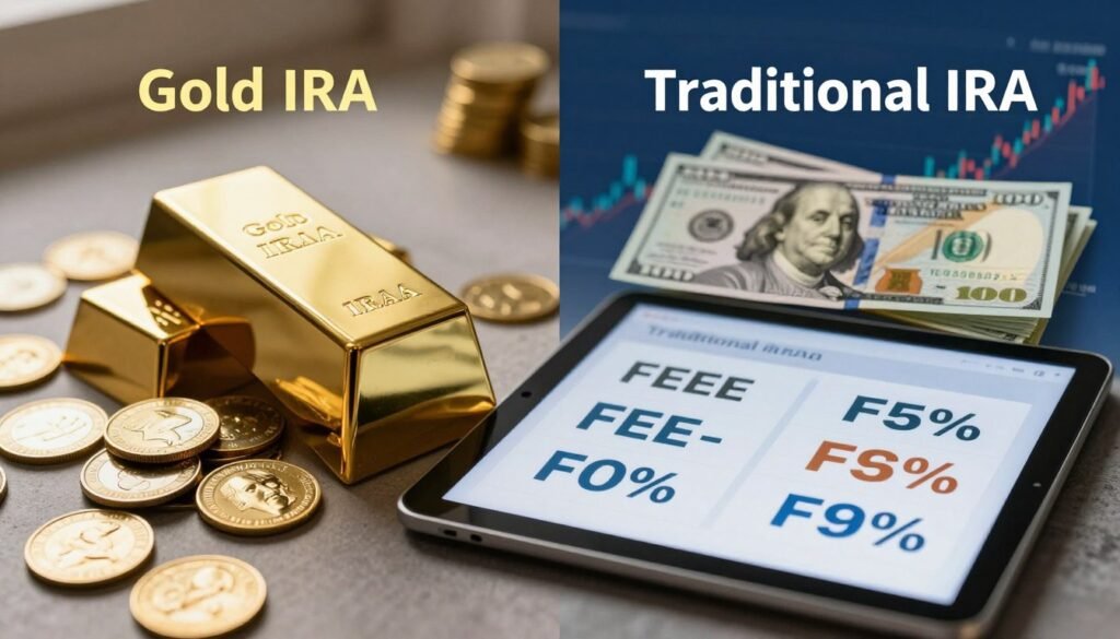 A visually engaging infographic comparing Gold IRAs to traditional IRAs, featuring two distinct sections: on the left, a polished gold bar and coins symbolizing Gold IRAs, highlighted under warm golden lighting, showcasing their allure, and on the right, traditional paper currency and stock market graphs representing traditional IRAs, set against a cool blue backdrop. In the foreground, a sleek digital tablet displays contrasting fee percentages for both types of IRAs, positioned at a slight angle. The background is blurred to emphasize the comparison while providing a sophisticated, professional aura. The overall atmosphere should convey financial wisdom and clarity, with sharp focus on the monetary elements and an inviting balance between the golden warmth of precious metals and the cooler tones of conventional investments.