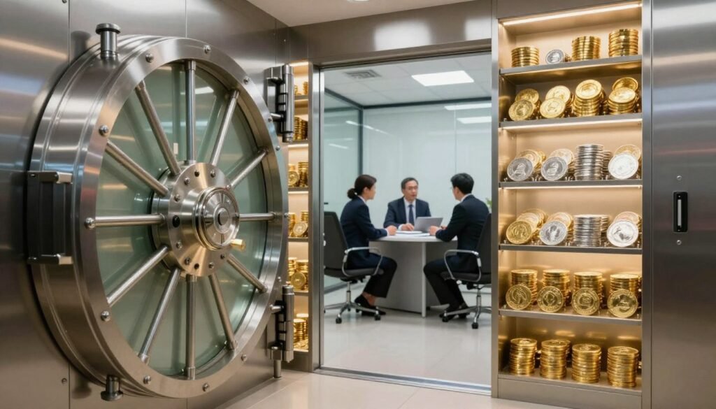 A modern storage depository for precious metals and IRS-approved coins, featuring secure steel vaults with intricate locking mechanisms in the foreground. In the middle ground, organized shelves display various gold, silver, and platinum coins, illuminated by soft, warm lighting that enhances their lustrous surfaces. In the background, a sleek, glass-walled office area is visible, showcasing professionals in business attire discussing secure asset management strategies. The atmosphere is professional and secure, conveying trust and compliance. The perspective is at eye level, giving a clear view of both the vaults and the office, with a focus on the details of the coins and the sophisticated ambiance of the storage facility. A modern storage depository for precious metals and IRS-approved coins, featuring secure steel vaults with intricate locking mechanisms in the foreground. In the middle ground, organized shelves display various gold, silver, and platinum coins, illuminated by soft, warm lighting that enhances their lustrous surfaces. In the background, a sleek, glass-walled office area is visible, showcasing professionals in business attire discussing secure asset management strategies. The atmosphere is professional and secure, conveying trust and compliance. The perspective is at eye level, giving a clear view of both the vaults and the office, with a focus on the details of the coins and the sophisticated ambiance of the storage facility.