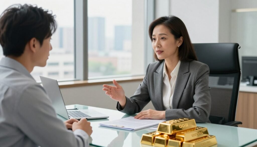 A professional and knowledgeable Gold IRA custodian in a modern office setting, engaging in a consultation with a client. The custodian, a middle-aged woman in a tailored business suit, is seated at a sleek, glass desk with financial documents and gold bars prominently displayed in the foreground. The client, a young man in business casual attire, looks engaged and interested. The background features a large window with a city skyline, allowing natural light to flood the room, enhancing a warm yet professional atmosphere. The camera angle is a slight low-angle shot, giving a sense of authority to the custodian while still capturing the comfortable interaction between both individuals. No text or logos are visible.