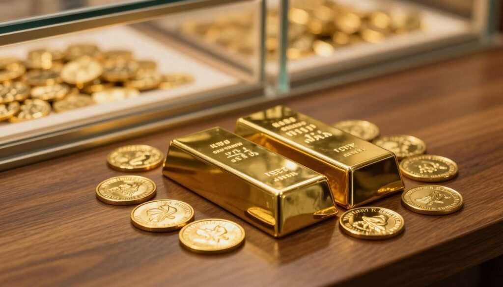 A set of gleaming gold bars and rounds arranged neatly on a polished wooden surface, showcasing their rich textures and reflective surfaces. The foreground features a couple of prominent gold bars, their hallmark stamps clearly visible, while smaller gold rounds scatter around, highlighting their distinct designs. The middle ground includes a soft-focus background of a well-lit display case filled with additional gold coins, hinting at a secure and professional investment environment. Warm, ambient lighting casts a luxurious glow over the scene, creating a sense of wealth and success. The angle is slightly above the arrangement, capturing the elegance and allure of the gold assets, evoking a mood of financial security and prestige. A set of gleaming gold bars and rounds arranged neatly on a polished wooden surface, showcasing their rich textures and reflective surfaces. The foreground features a couple of prominent gold bars, their hallmark stamps clearly visible, while smaller gold rounds scatter around, highlighting their distinct designs. The middle ground includes a soft-focus background of a well-lit display case filled with additional gold coins, hinting at a secure and professional investment environment. Warm, ambient lighting casts a luxurious glow over the scene, creating a sense of wealth and success. The angle is slightly above the arrangement, capturing the elegance and allure of the gold assets, evoking a mood of financial security and prestige.