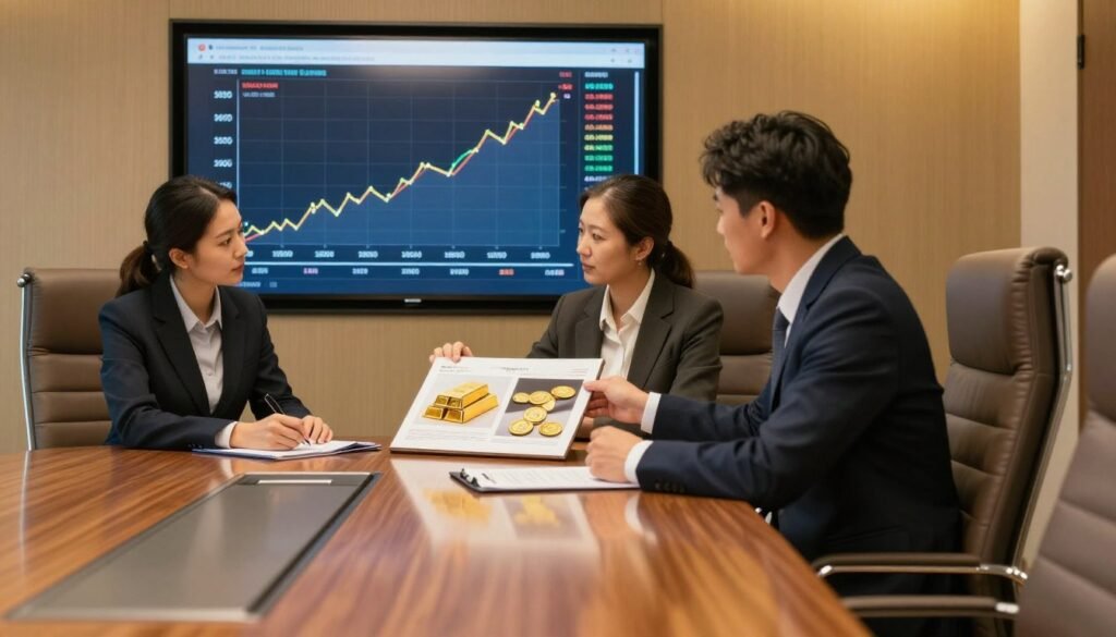 A sophisticated business setting showcasing a conference room with a polished wooden table at the foreground, surrounded by high-backed leather chairs. In the middle ground, a diverse group of three professionals, dressed in formal business attire, are engaged in a discussion, examining a portfolio featuring images of gold bars and coins. A digital screen in the background displays a graph of gold prices, emphasizing growth and stability. Soft focus on the edges, with warm, inviting lighting casting a golden hue across the room, creating an atmosphere of trust and confidence. The image should highlight the professionalism and security associated with Augusta Precious Metals, evoking a sense of reliability in handling large accounts and exit strategies for investments. A sophisticated business setting showcasing a conference room with a polished wooden table at the foreground, surrounded by high-backed leather chairs. In the middle ground, a diverse group of three professionals, dressed in formal business attire, are engaged in a discussion, examining a portfolio featuring images of gold bars and coins. A digital screen in the background displays a graph of gold prices, emphasizing growth and stability. Soft focus on the edges, with warm, inviting lighting casting a golden hue across the room, creating an atmosphere of trust and confidence. The image should highlight the professionalism and security associated with Augusta Precious Metals, evoking a sense of reliability in handling large accounts and exit strategies for investments.