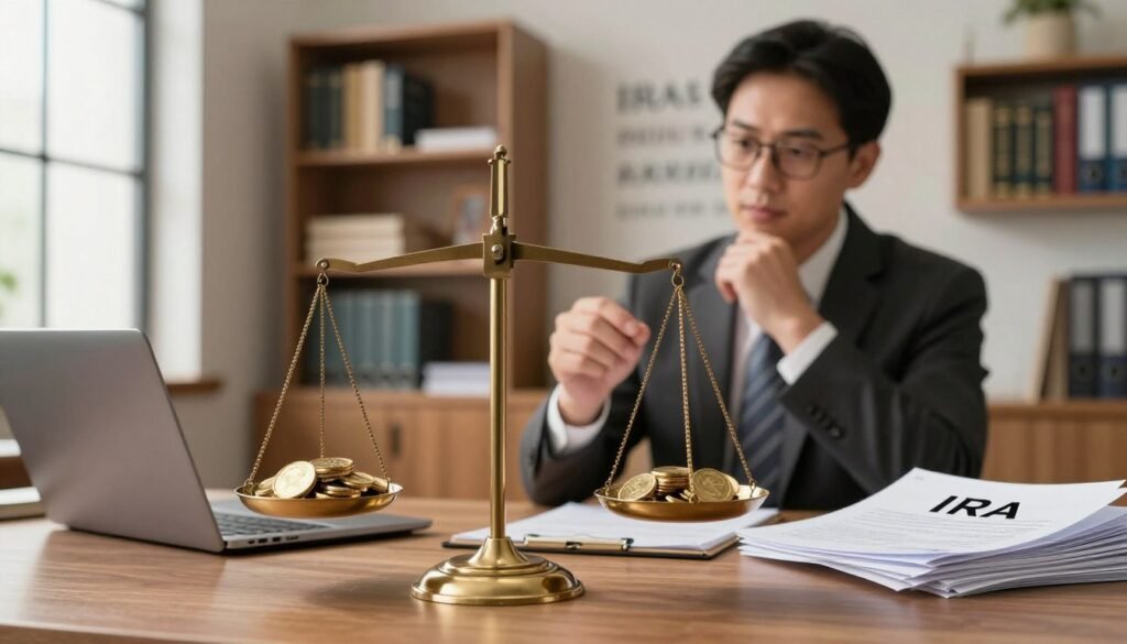 A visually striking illustration of IRS rules regarding Gold IRA rollovers, focusing on a detailed balance scale in the foreground weighing gold coins on one side and a stack of paperwork labeled 'IRA' on the other. The middle ground features a professional financial advisor dressed in business attire, analyzing the scale with a thoughtful expression. The background depicts a sophisticated office setting with shelves of financial books and motivational quotes on the walls, softly illuminated by warm, natural light streaming through a large window. The mood conveys a sense of responsibility, caution, and professionalism, highlighting the complexities and protections involved in IRA rollovers.