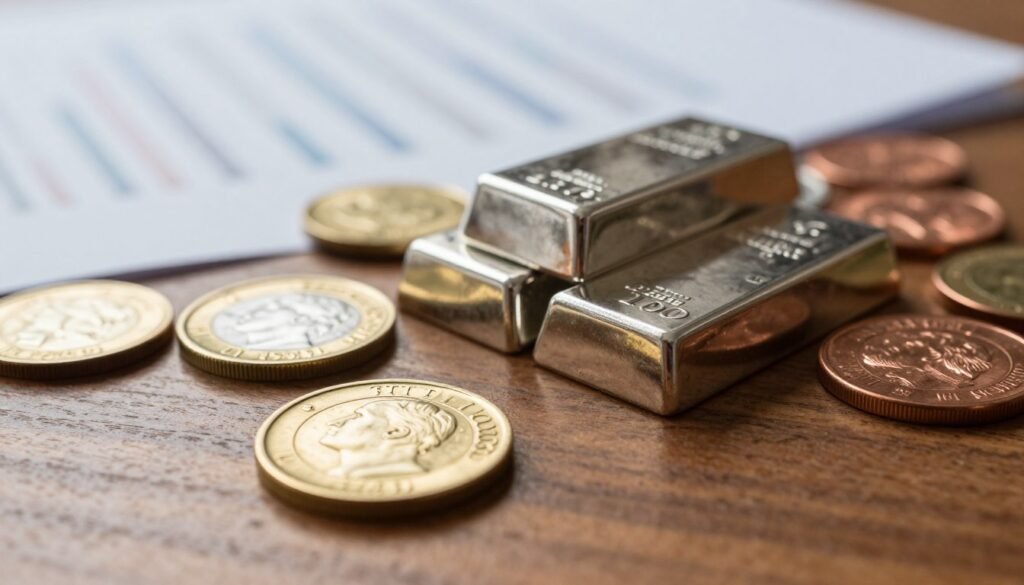 A close-up composition featuring various forms of precious metals, including gold coins, silver bullion bars, and copper ingots, displayed on a polished wooden surface. In the foreground, a shiny gold coin is positioned prominently, with intricate details of its design clearly visible. In the middle ground, a stack of gleaming silver bars contrasts with the warm tones of the wood, while a subtle reflection enhances their metallic sheen. The background features a softly blurred financial document, hinting at investment strategies, illuminated by soft, diffused lighting to create an inviting and professional atmosphere. The image captures a mood of thoughtful investment and financial wisdom, perfect for an informative article. A close-up composition featuring various forms of precious metals, including gold coins, silver bullion bars, and copper ingots, displayed on a polished wooden surface. In the foreground, a shiny gold coin is positioned prominently, with intricate details of its design clearly visible. In the middle ground, a stack of gleaming silver bars contrasts with the warm tones of the wood, while a subtle reflection enhances their metallic sheen. The background features a softly blurred financial document, hinting at investment strategies, illuminated by soft, diffused lighting to create an inviting and professional atmosphere. The image captures a mood of thoughtful investment and financial wisdom, perfect for an informative article.