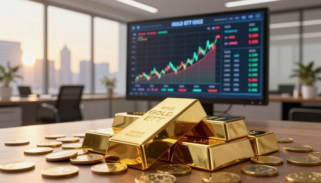 A detailed, visually striking representation of Gold ETF holdings. In the foreground, display an array of gold bars and coins gleaming under soft, warm lighting that emphasizes their luster. In the middle ground, include a modern digital dashboard with dynamic graphs and charts showcasing rising gold prices and ETF inflows, symbolizing market trends. The background should feature an elegant office setting with large windows overlooking a city skyline bathed in golden hour light, creating a sense of optimism and opportunity in the precious metals market. The mood should be professional yet aspirational, conveying confidence in future investments. Use a wide-angle lens to capture the depth and richness of the scene. A detailed, visually striking representation of Gold ETF holdings. In the foreground, display an array of gold bars and coins gleaming under soft, warm lighting that emphasizes their luster. In the middle ground, include a modern digital dashboard with dynamic graphs and charts showcasing rising gold prices and ETF inflows, symbolizing market trends. The background should feature an elegant office setting with large windows overlooking a city skyline bathed in golden hour light, creating a sense of optimism and opportunity in the precious metals market. The mood should be professional yet aspirational, conveying confidence in future investments. Use a wide-angle lens to capture the depth and richness of the scene.