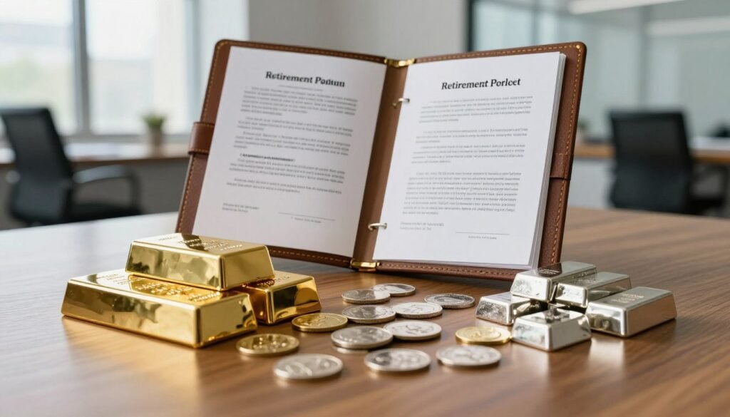 A display of diverse precious metals, including gold bars, silver coins, and platinum ingots, elegantly arranged on a polished wooden surface in the foreground. Each metal piece gleams under soft, warm lighting, highlighting their luster and richness. In the middle ground, an open, leather-bound investment portfolio showcases financial documents related to retirement plans and precious metal investments. The background features a modern office setting, with large windows allowing natural light to flood the space, creating a bright and inviting atmosphere. The entire scene conveys professionalism and stability, promoting the concept of security and growth in retirement investing. The lens captures a slightly elevated angle, focusing on the textures and details of the metals. The mood is motivational and informative, encouraging viewers to consider the strategic benefits of holding physical metals in their retirement portfolio.