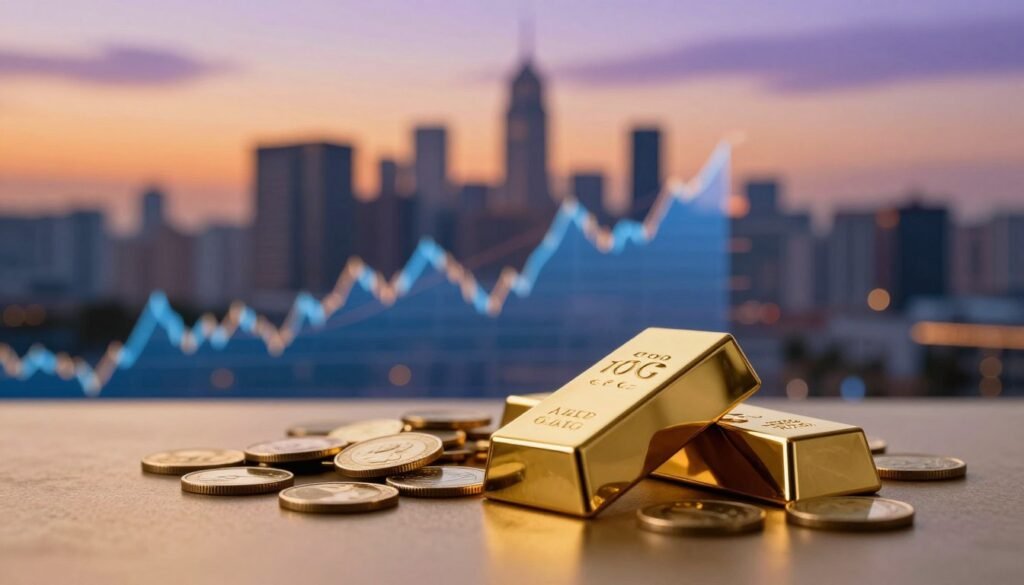 A dynamic and visually striking composition featuring gold bars and coins as the foreground, placed prominently on an elegant surface, reflecting a warm glow. In the middle ground, visualize a stock market graph showing fluctuating lines, incorporating a mix of rich gold and deep blue colors to signify the contrasting themes of wealth protection. The background showcases a modern city skyline at twilight, bathed in soft orange and purple hues. This setting conveys a sense of financial aspiration and competition. Use soft lighting to create a warm and inviting atmosphere, while maintaining a professional and polished look. The overall mood should evoke a sense of investment potential and careful consideration in the financial market landscape. Depth of field should focus on the gold in the foreground, softly blurring the cityscape, emphasizing the importance of gold in wealth preservation.