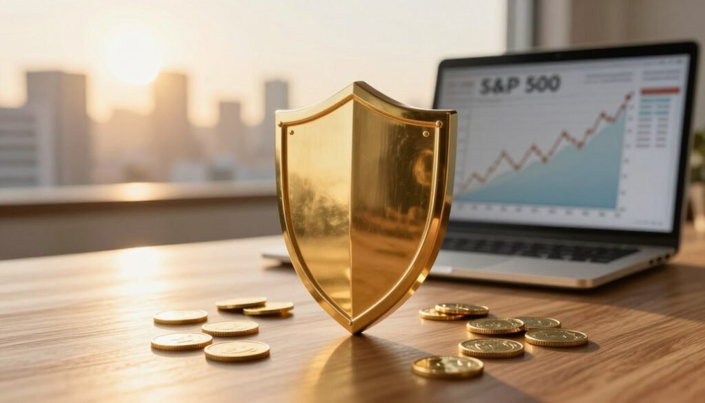 A luxurious scene depicting gold as a symbol of wealth protection. In the foreground, a gleaming, intricately designed gold shield prominently displays its luster, reflecting light in multiple angles. Surrounding the shield, scattered gold coins add to the opulence. In the middle ground, focus on a polished wooden desk with a sleek laptop showing upward trending financial graphs, symbolizing the S&P 500. The background features a soft-focus skyline of a modern city, bathed in warm, golden sunset light, enhancing the atmosphere of prosperity and security. The overall mood is confident and hopeful, with a sense of financial stability. The image is captured from a low angle to emphasize the gold shield, with natural light casting dynamic shadows.