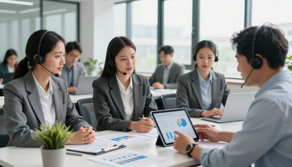 A modern office setting showcasing a professional customer support team engaged in a consultative atmosphere. In the foreground, a diverse group of business professionals in business attire, including men and women of various ethnicities, are attentively assisting a client, who is examining investment options visually represented on a tablet. In the middle ground, a sleek desk cluttered with financial documents, graphs, and a potted plant adds to the ambiance. The background features a large window with natural light streaming in, creating a warm and inviting environment. Soft focus on the background highlights an open-plan office with friendly staff interacting in the distance. The overall mood is one of trust, support, and professional guidance, conveying the importance of customer service in investment decisions. A modern office setting showcasing a professional customer support team engaged in a consultative atmosphere. In the foreground, a diverse group of business professionals in business attire, including men and women of various ethnicities, are attentively assisting a client, who is examining investment options visually represented on a tablet. In the middle ground, a sleek desk cluttered with financial documents, graphs, and a potted plant adds to the ambiance. The background features a large window with natural light streaming in, creating a warm and inviting environment. Soft focus on the background highlights an open-plan office with friendly staff interacting in the distance. The overall mood is one of trust, support, and professional guidance, conveying the importance of customer service in investment decisions.