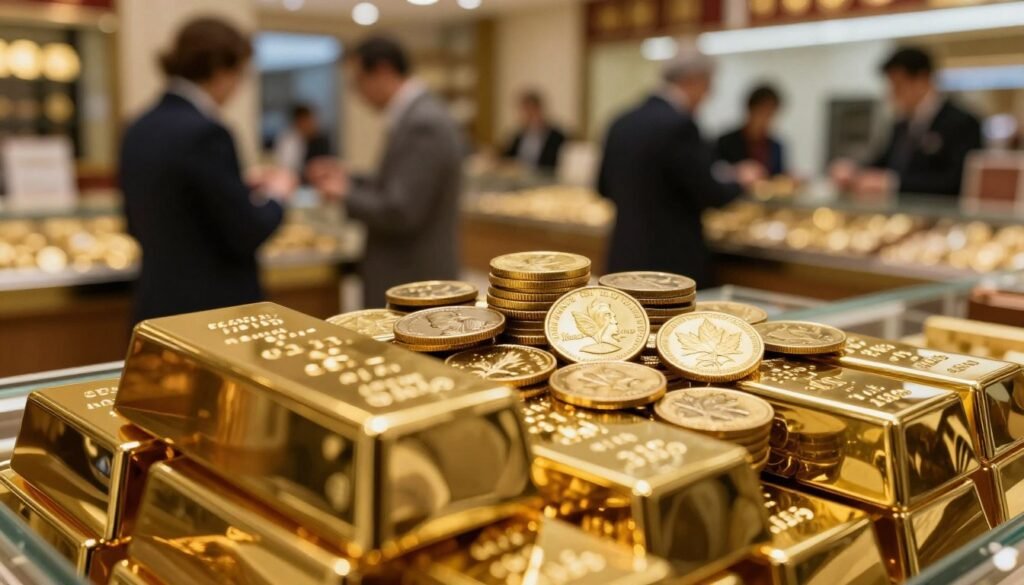 A polished display of physical gold demand, featuring a close-up foreground of gleaming gold bars stacked neatly, reflecting soft light with intricate details of their surfaces. In the middle, various gold coins, such as Krugerrands and Maple Leafs, are artfully arranged, showcasing their distinct designs and luster. The background captures a blurred view of a bustling coin shop with customers browsing, dressed in professional attire, creating a sense of retail activity. Warm ambient lighting illuminates the scene, enhancing the golden hues and creating an inviting atmosphere. The overall mood conveys a sense of prosperity and investment allure, emphasizing the growing interest in physical gold amidst market predictions. A polished display of physical gold demand, featuring a close-up foreground of gleaming gold bars stacked neatly, reflecting soft light with intricate details of their surfaces. In the middle, various gold coins, such as Krugerrands and Maple Leafs, are artfully arranged, showcasing their distinct designs and luster. The background captures a blurred view of a bustling coin shop with customers browsing, dressed in professional attire, creating a sense of retail activity. Warm ambient lighting illuminates the scene, enhancing the golden hues and creating an inviting atmosphere. The overall mood conveys a sense of prosperity and investment allure, emphasizing the growing interest in physical gold amidst market predictions.