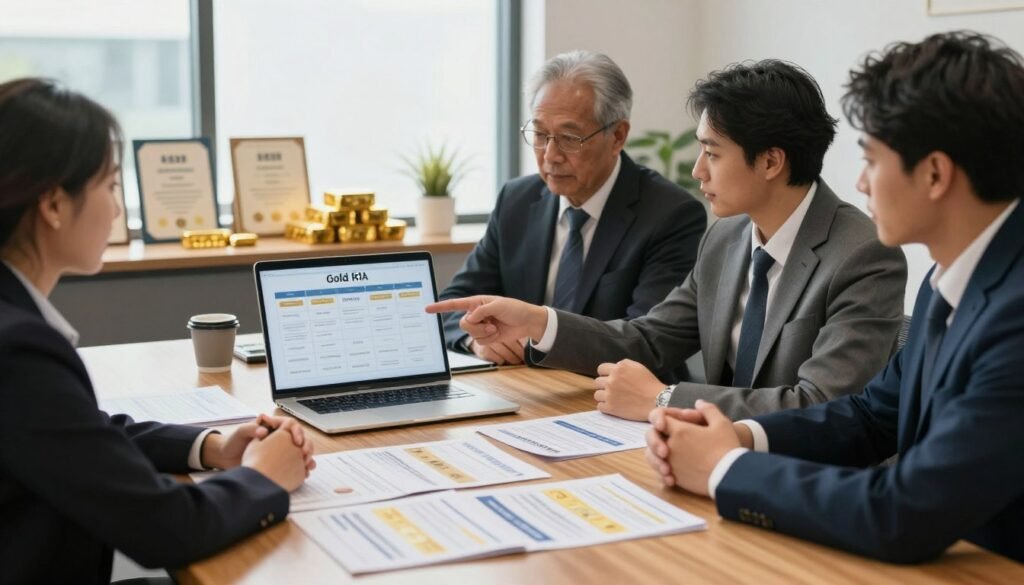 A professional office setting featuring a diverse group of investors in business attire engaging in a discussion about selecting a gold IRA custodian. In the foreground, a polished wooden table displays brochures and comparison charts of various gold IRA companies. The middle ground shows two investors pointing at a laptop screen displaying potential custodian options. In the background, large windows let in soft natural light, illuminating certificates and gold ingots displayed on a nearby shelf. The atmosphere is focused and collaborative, reflecting a blend of professionalism and financial planning. The scene should evoke a sense of guidance and informed decision-making. A professional office setting featuring a diverse group of investors in business attire engaging in a discussion about selecting a gold IRA custodian. In the foreground, a polished wooden table displays brochures and comparison charts of various gold IRA companies. The middle ground shows two investors pointing at a laptop screen displaying potential custodian options. In the background, large windows let in soft natural light, illuminating certificates and gold ingots displayed on a nearby shelf. The atmosphere is focused and collaborative, reflecting a blend of professionalism and financial planning. The scene should evoke a sense of guidance and informed decision-making.