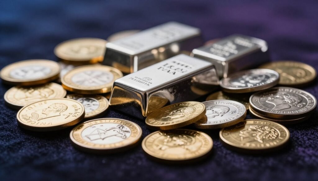 A stunning close-up of a variety of precious metals, including gleaming gold coins, shimmering silver bars, and polished platinum ingots, arranged artfully atop a rich, dark velvet surface. In the foreground, focus on the radiant reflections and intricate textures of each piece, revealing the fine details and purity of the metals. The middle ground features a gentle, ambient lighting that highlights the warmth of the gold and the coolness of the silver, casting soft shadows that enhance depth. The background is a gradient of deep blues and purples, creating a luxurious atmosphere. The scene conveys a sense of wealth and security, ideal for showcasing alternatives to investing in a self-directed precious metals IRA.