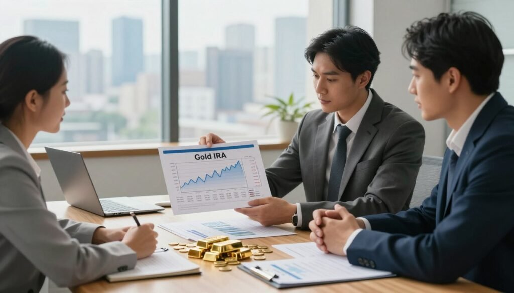 A professional setting showcasing a strategic meeting on Gold IRA investments. In the foreground, a diverse group of two business professionals, a man and a woman, dressed in business attire, are engaged in discussion while examining a detailed chart depicting gold prices and economic trends. In the middle, a sleek wooden desk is adorned with gold coins, bars, and financial documents outlining a Gold IRA strategy. The background features a large window with a city skyline, suggesting an atmosphere of calm and focus amidst economic uncertainty. Soft, natural lighting filters through the glass, casting gentle shadows, while a clean and modern aesthetic enhances the professionalism of the scene. The mood conveys determination and strategic planning.