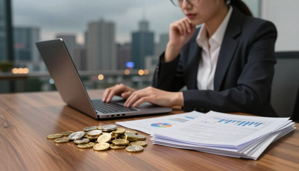 A sophisticated investment concept illustrating stagflation. In the foreground, a polished wooden table displays a variety of historically valuable assets: gold coins, silver bars, and a well-organized stack of investment documents, all under soft, warm lighting. In the middle ground, a professional businesswoman in a sharp suit analyzes charts on a laptop, her expression focused and thoughtful. Behind her, a blurred city skyline reflects a sense of economic stagnation, with dimmed lights and overcast skies creating a moody atmosphere. The angle is slightly above eye level, capturing both the subject and the investment elements dynamically. The overall mood conveys seriousness and determination, highlighting the importance of wise investment strategies during uncertain economic times.