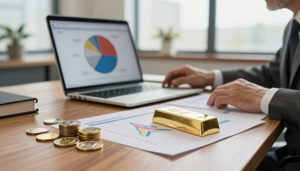 A sophisticated office setting showcasing a well-organized precious metals allocation chart on a polished wooden desk. In the foreground, gold and silver coins are elegantly arranged alongside a sleek, metallic gold IRA bar. The middle ground features a laptop displaying a pie chart with segments representing various precious metals, including gold, silver, platinum, and palladium, against a softly blurred background of a modern office with large windows letting in warm, natural light. The atmosphere is calm and professional, evoking a sense of trust and stability. The scene captures a senior investor in business attire, thoughtfully analyzing the allocation strategy, illuminated by soft diffused lighting, emphasizing a focus on financial planning for retirement.