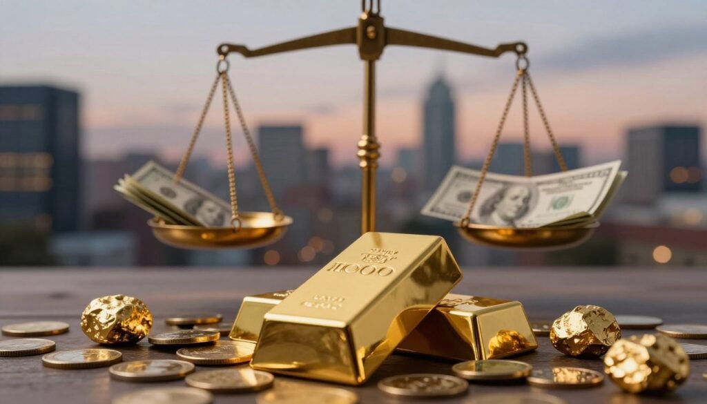 A stunning image depicting the concept of gold as a long-term store of value. In the foreground, a large, shiny gold bar gleams under soft, ambient lighting, with intricate engravings visible. Surrounding the gold bar, scattered coins and smaller gold nuggets reflect a warm glow. In the middle ground, a classic scale balances the gold on one side against faded U.S. dollar banknotes on the other, symbolizing the shift in value. The background features a blurred financial skyline at dusk, with tall buildings softly illuminated against a twilight sky. The atmosphere conveys a sense of stability and transition, highlighting the increasing appeal of gold in a global economic landscape.